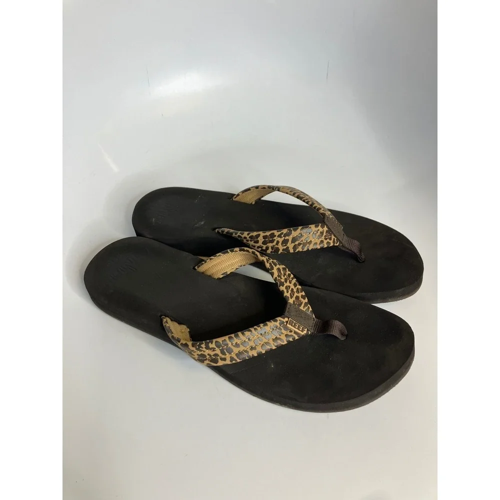 Reef Cushion Breeze Flip Flops Womens 12 Black Leopard Good Animal Print Sandals